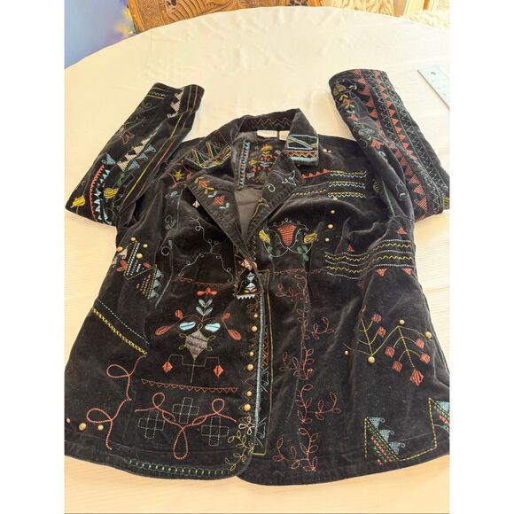 Chico's Black Velvet Jacket Embroidered Lined Boho Southwest Size 2 US Large - Picture 10 of 16